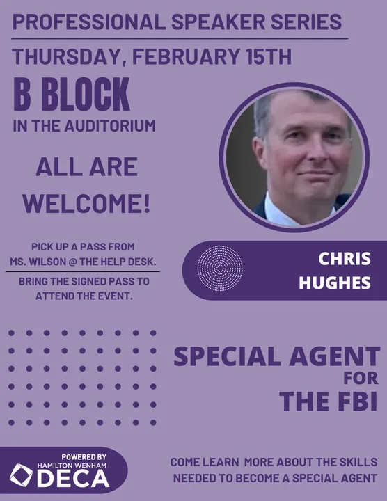 Professional Speaker Series flyer: Chris Hughes, special agent for the FBI. Thursday, February 15, in the auditorium.