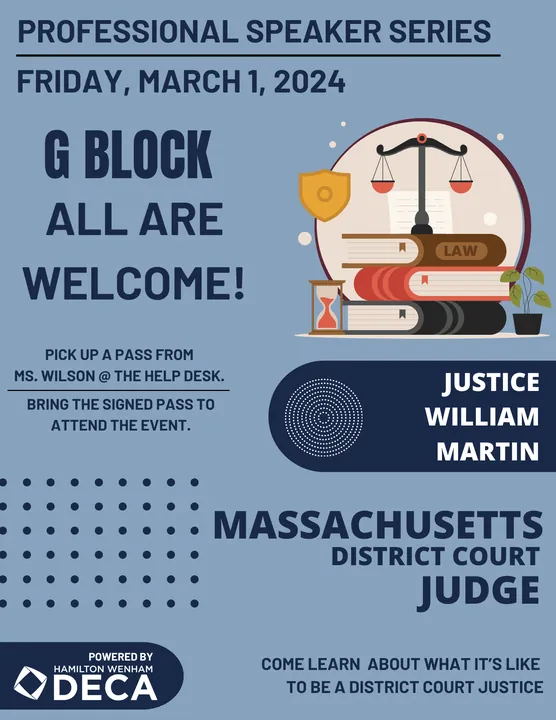 Professional Speaker Series flyer: Justice William Martin, Massachusetts District Court judge. Friday, March 1, 2024.