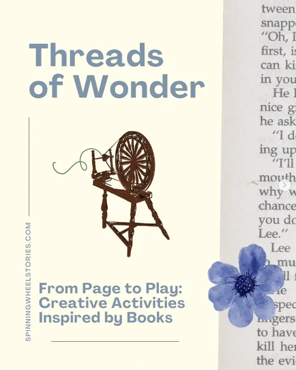 “Threads of Wonder” title slide: “From Page to Play: Creative Activities Inspired by Books,” with a spinning wheel illustration.