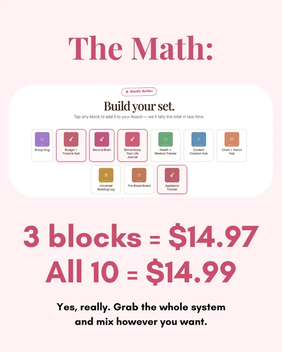 Carousel slide 6: “The Math: 3 blocks = $14.97. All 10 = $14.99.”