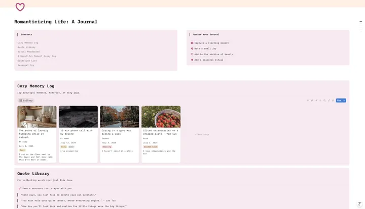 Screenshot of the Romanticize Your Life Journal Notion template.