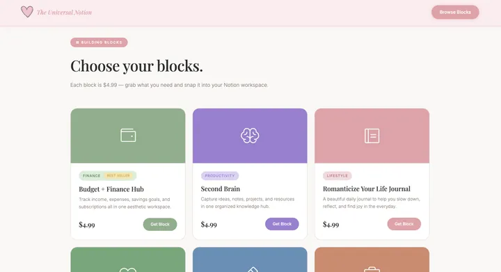 Product section of The Universal Notion website titled “Choose your blocks,” showing template cards with prices.