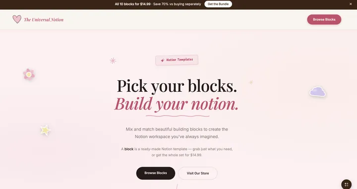 The Universal Notion website home page with the headline “Pick your blocks. Build your notion.”